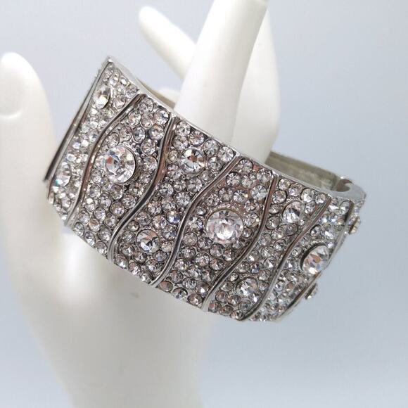 Wide Clear Rhinestone Cuff Hinged Bracelet, Silver Tone, 7 1/2 Inches - Picture 6 of 8